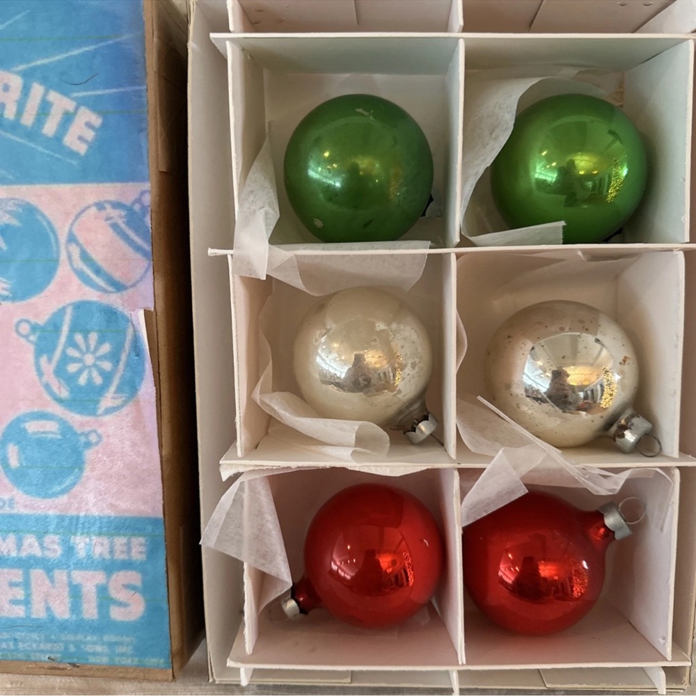 VINTAGE Classic Holiday Glass Ornament Set - Green, Silver, Red - CORNING